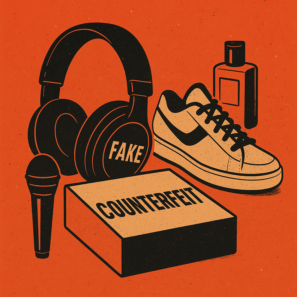 An abstract digital illustration featuring generic consumer items like headphones, a shoe, a microphone, and a box labeled “counterfeit,” all stylized in a bold, retro-inspired design with a red-orange background.
