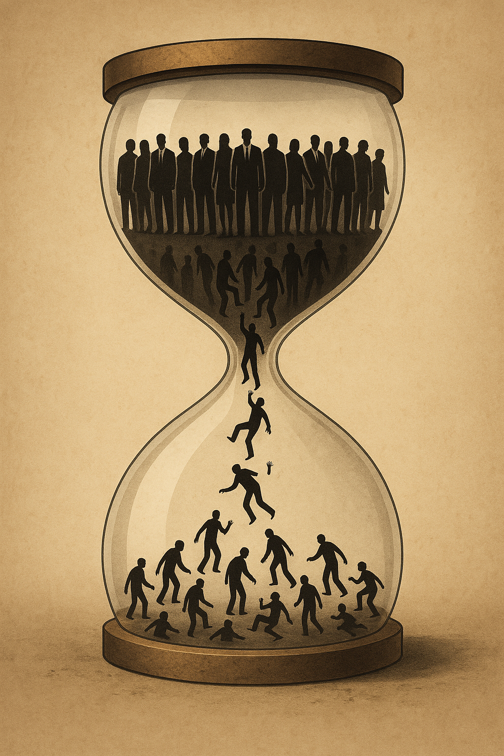 A large hourglass filled with faceless black silhouettes in business attire. The figures in the top bulb stand crowded together, gradually falling through the narrow middle where some tumble and others struggle to climb back up. In the lower bulb, fallen figures scatter across the ground, some standing, some collapsed. The background is warm beige, evoking aged paper, giving the image a symbolic and somber tone.