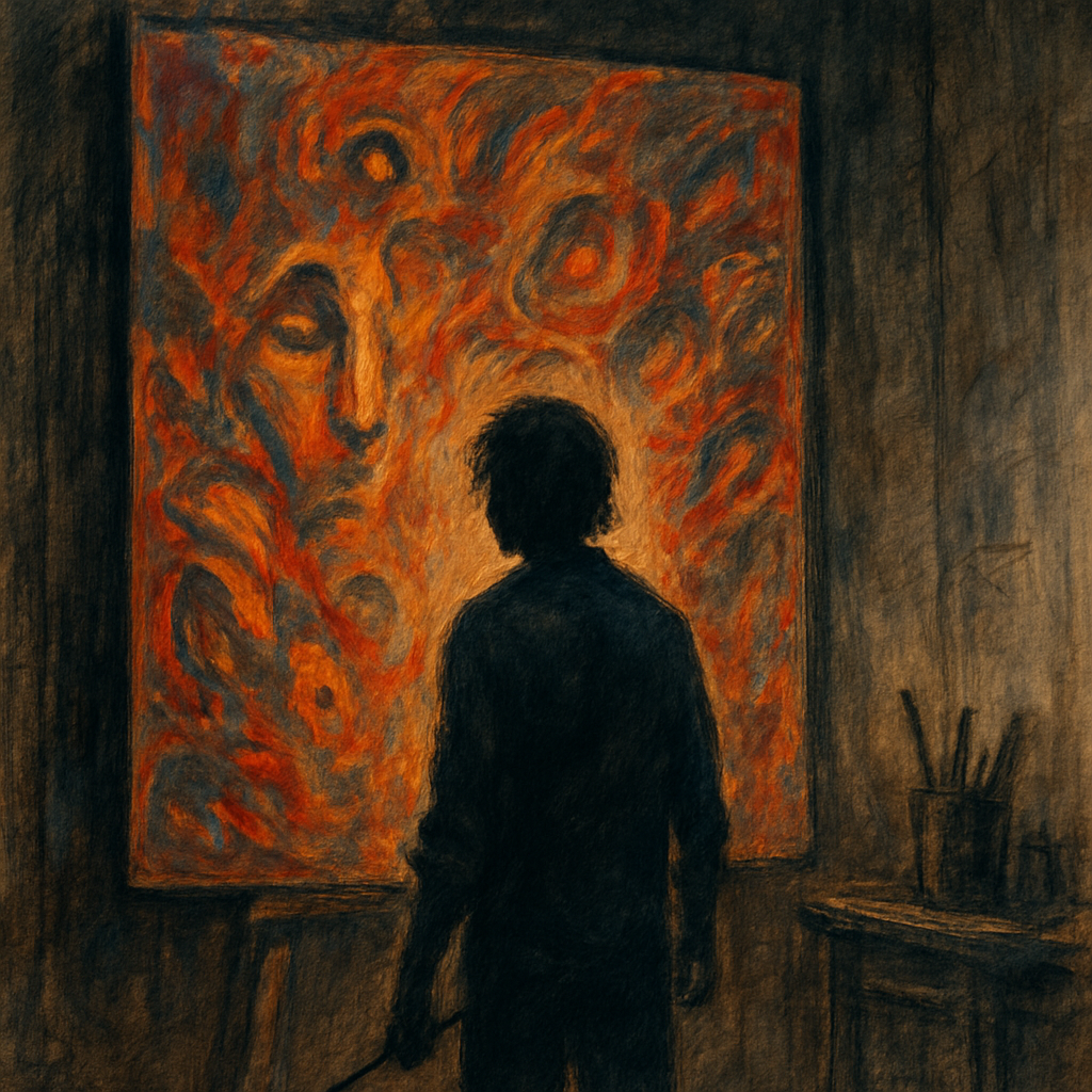 A shadowed artist stands before a glowing abstract canvas in a dimly lit studio, capturing the tension between solitude and creative fire.