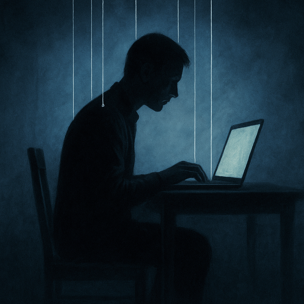 A dark, moody digital painting of a person sitting at a desk, illuminated by the glow of a laptop. Thin puppet strings descend from above, attaching to their body, symbolizing unseen control and manipulation through technology.
