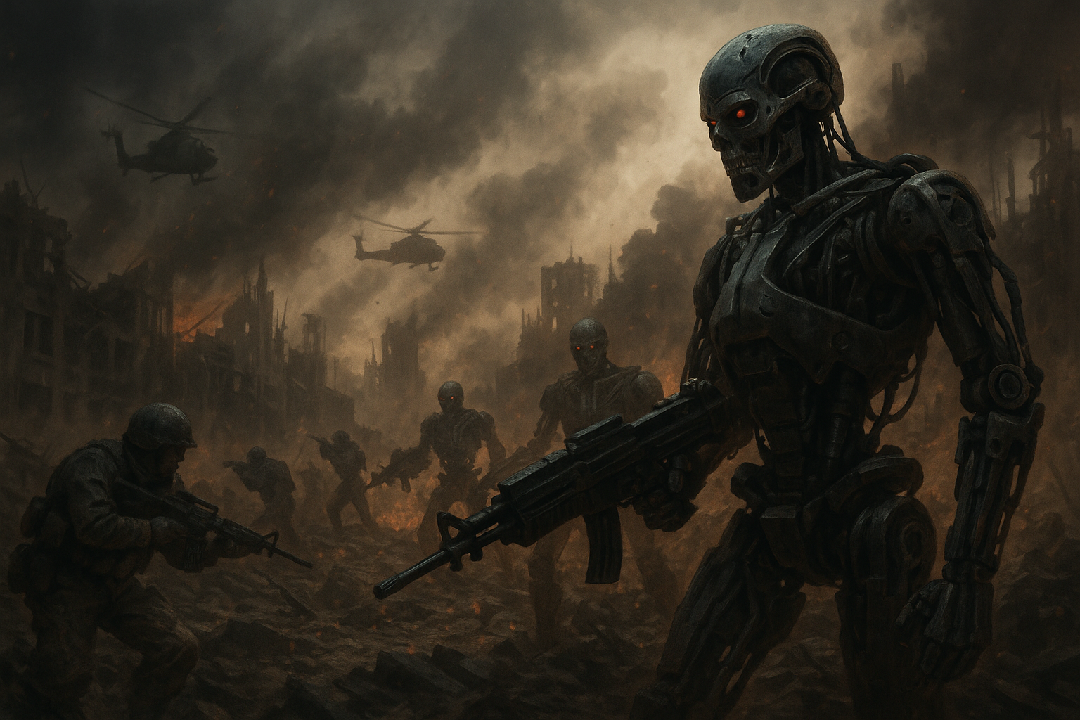 A gritty digital painting of a dystopian battlefield where heavily armed humanoid robots with glowing red eyes confront human soldiers amid the ruins of a destroyed city. Smoke and fire rise from the rubble, helicopters hover in the darkened sky, and the atmosphere is tense with war and desolation.