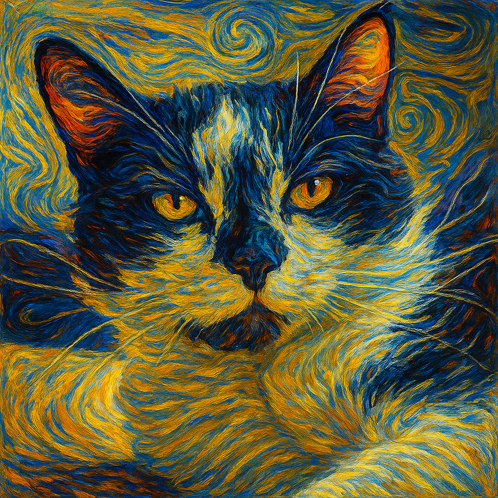 A digital painting of a black-and-white cat with golden-yellow eyes, portrayed in a swirling abstract expressionist style. Bold brushstrokes in blue, orange, and yellow surround the cat’s face, giving the impression of energy and sensitivity.