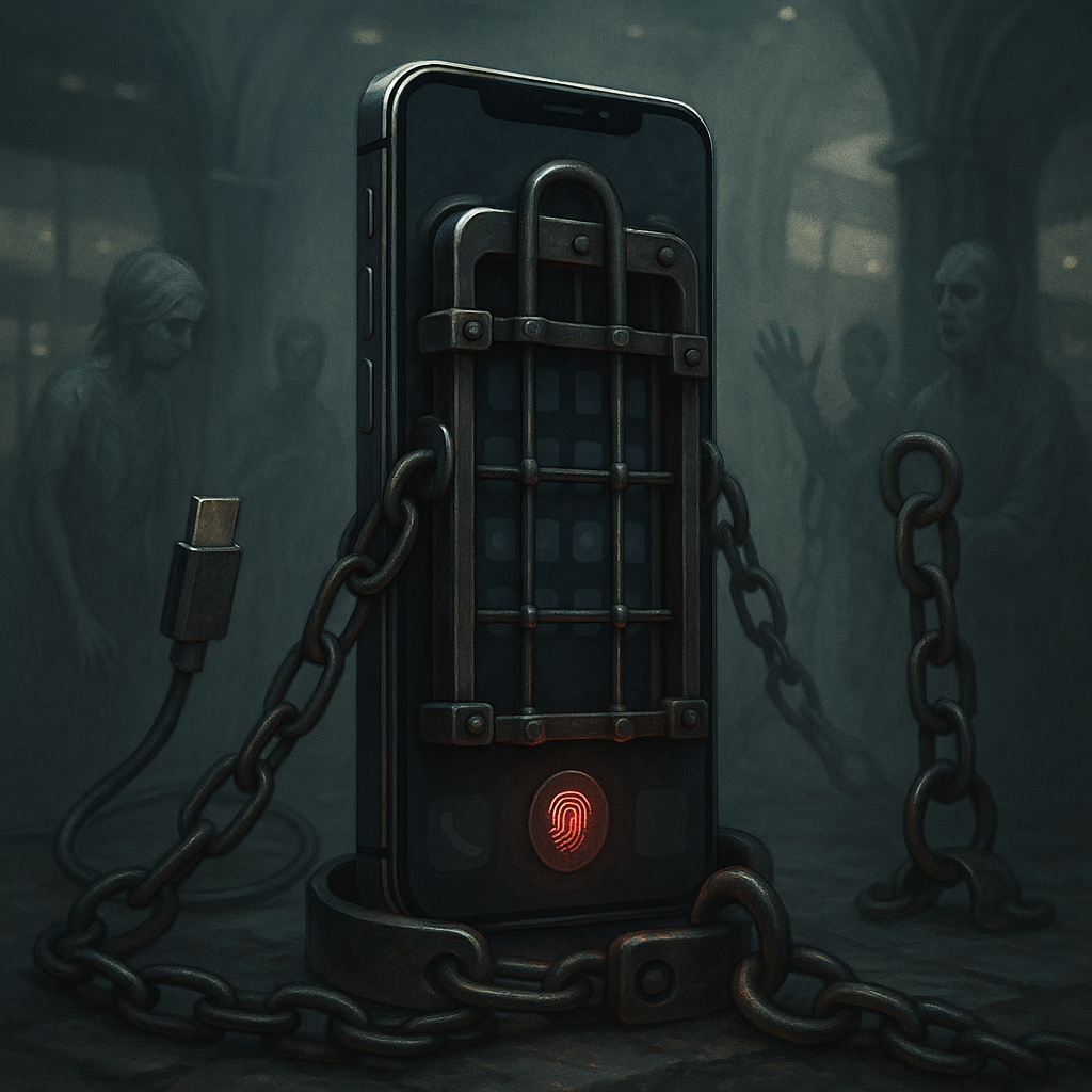 A dark, atmospheric digital painting of a modern smartphone encaged by iron bars and heavy chains. The phone rests on a stone surface, with a glowing red fingerprint scanner symbol on its screen. A rusty USB-C cable wraps around the scene like a shackle. In the background, shadowy, ghostlike human figures loom in a dimly lit gothic interior, evoking a sense of imprisonment and surveillance.