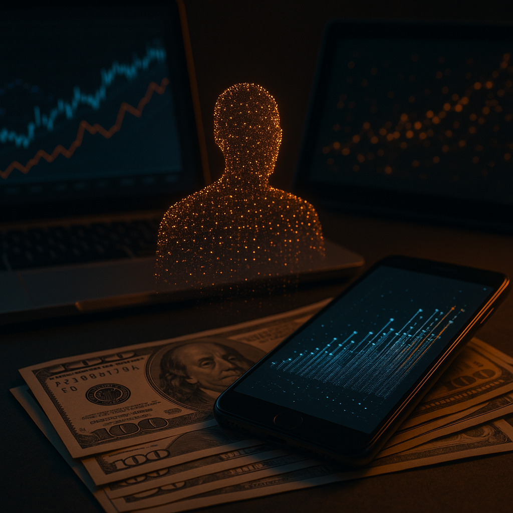 A glowing human silhouette composed of scattered data points stands illuminated against a dark background. Surrounding the figure are digital devices — a smartphone, tablet, and laptop — each displaying charts, graphs, or financial patterns. Faint images of currency blend into the scene, symbolising the monetisation of personal data in a surveillance-driven economy.