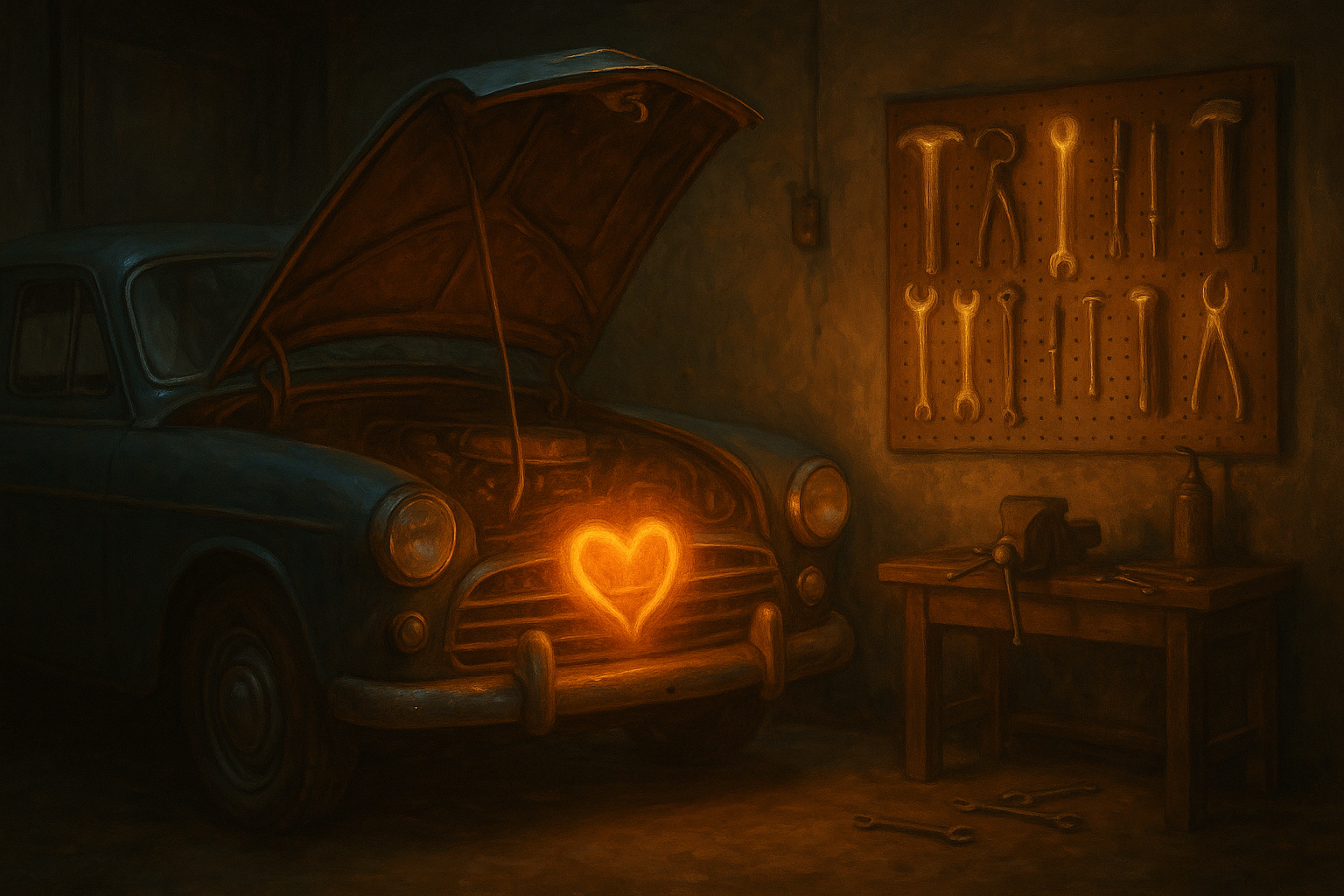 A surreal garage scene. A vintage car with its hood open, glowing with a warm orange light shaped like a heart in the engine bay. On the wall, tools hang from a wooden pegboard, faintly glowing, suggesting quiet presence. The atmosphere is warm, symbolic, and magical.