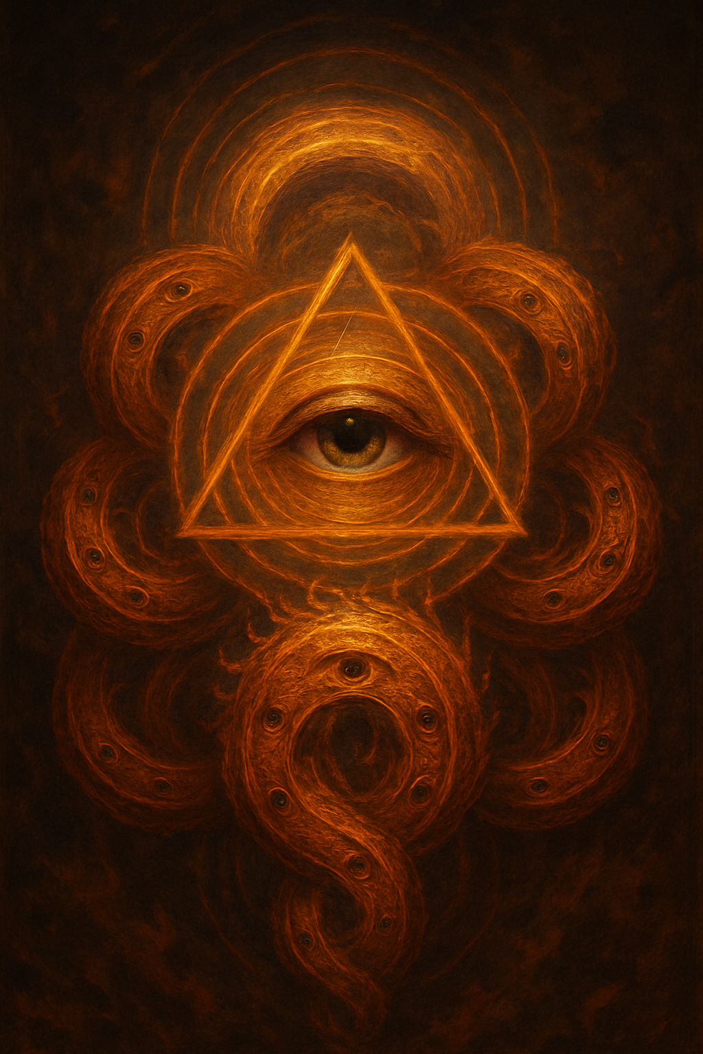 A surreal, glowing digital painting of a fiery Eye of Providence. A realistic human eye sits at the center of a golden triangle, surrounded by concentric circles and ornate, wheel-like forms adorned with smaller eyes. These swirling wheels resemble the biblical Ophanim, set against a dark cosmic background with radiant orange and red hues. The overall effect is mystical, intense, and reverent, evoking themes of divine awareness and eternal vigilance.
