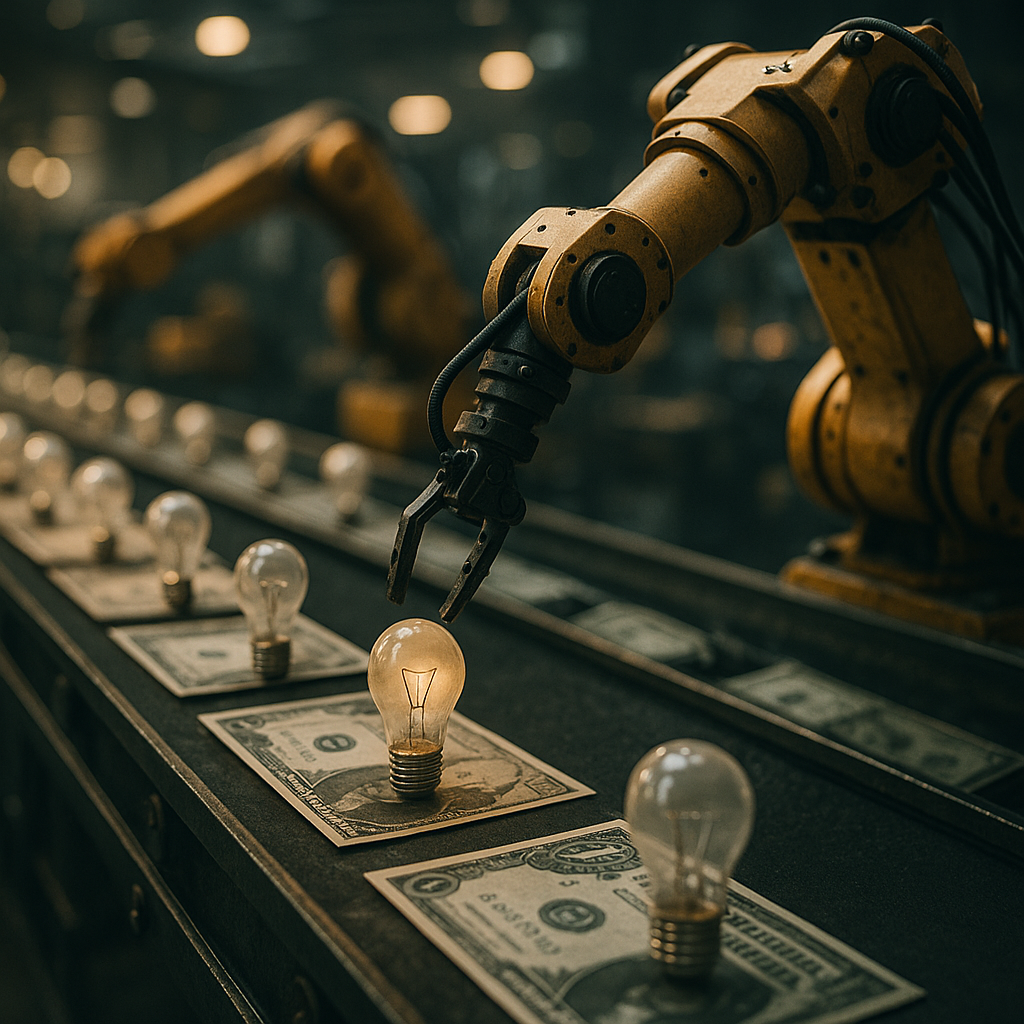 A robotic arm on a factory line delicately picks up a glowing incandescent lightbulb resting on a US dollar bill. More identical bulbs and bills line the conveyor belt in the background, with additional robotic arms working in soft focus. The scene is warmly lit, evoking themes of automation, commodification, and industrial production of ideas or innovation.
