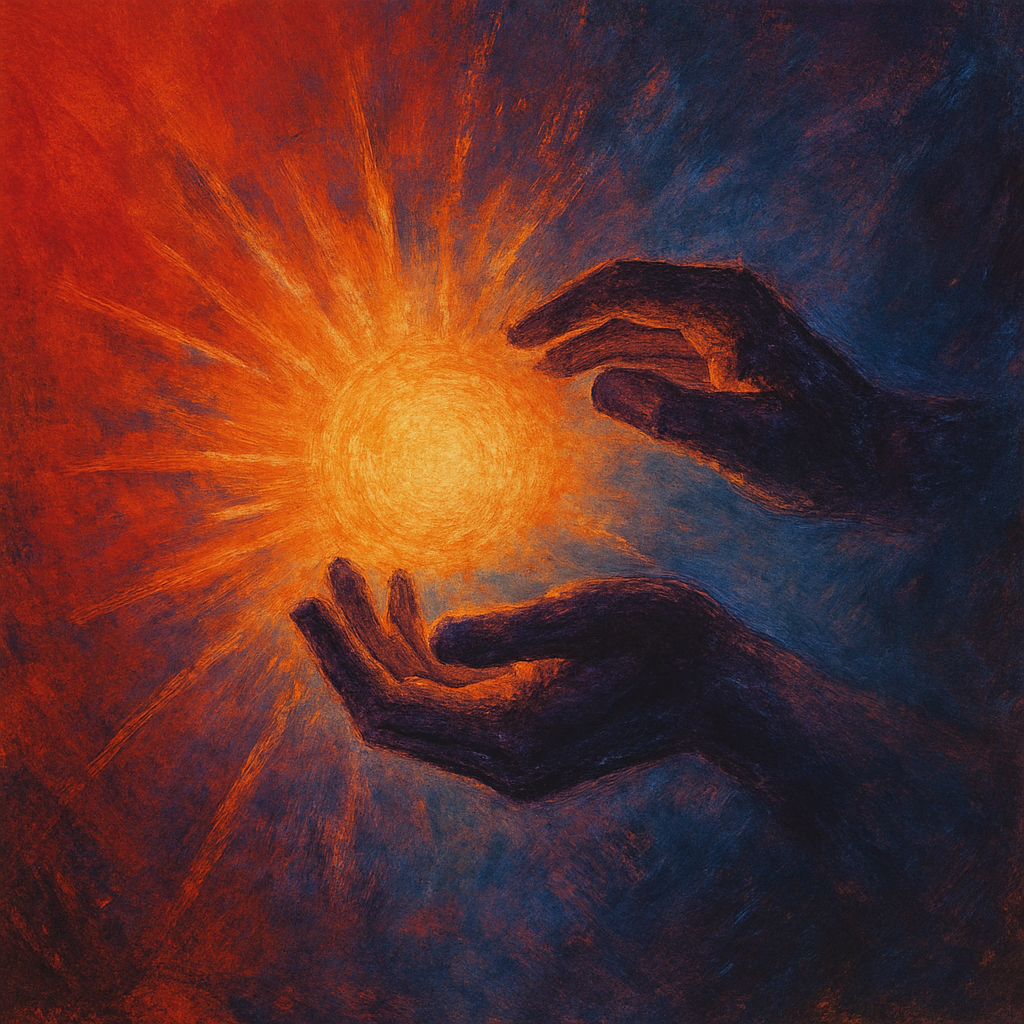 Two dark-toned hands reach out in a gesture of offering or release, gently cradling a radiant, glowing orb of light. The background shifts from fiery reds and oranges to deep blues and purples, evoking a sense of creation, energy, and sacred transfer. The image symbolizes the act of creation as a gift, not a possession.