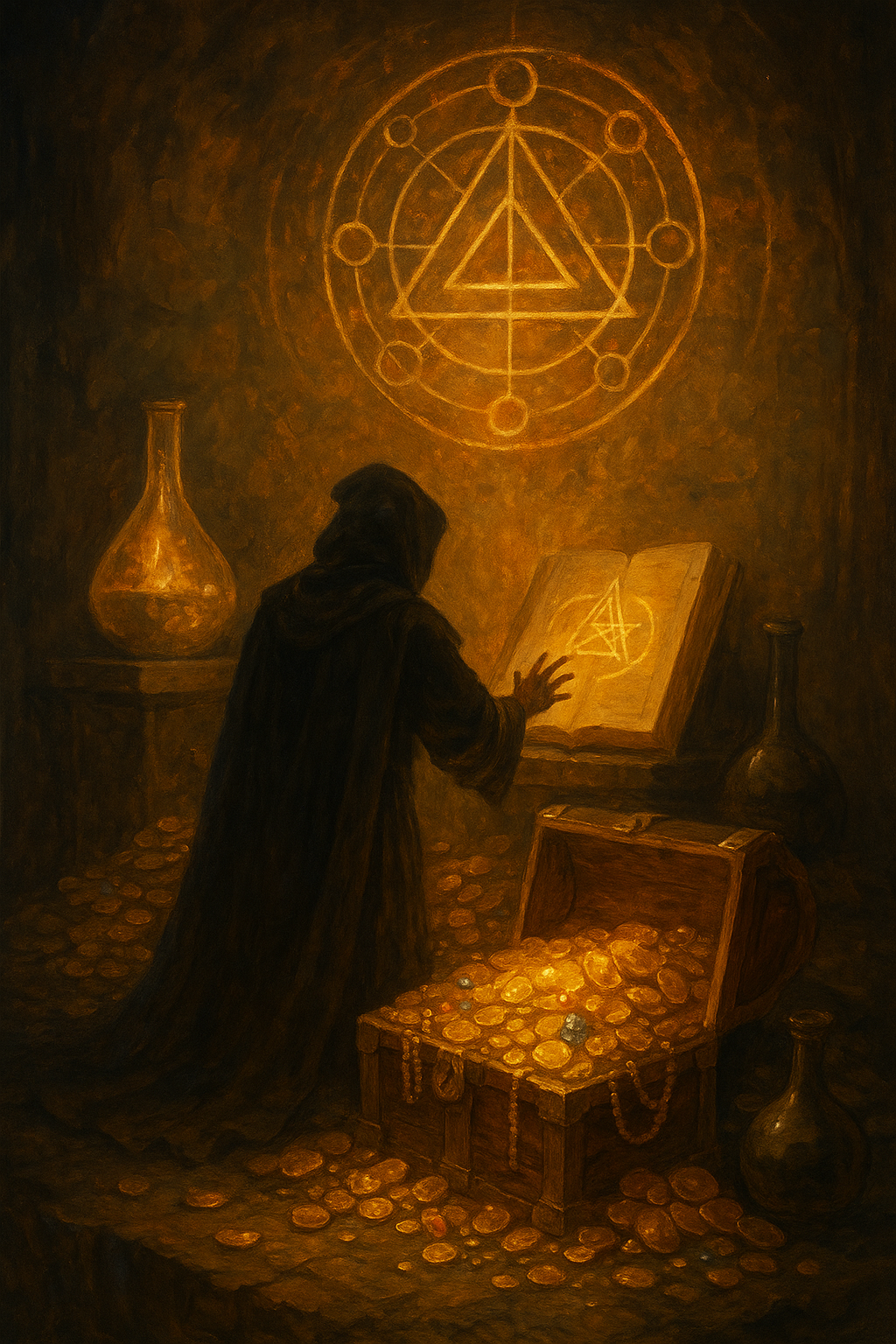 A hooded figure stands in a dimly lit, golden-toned chamber filled with alchemical tools and a treasure chest overflowing with glowing gold coins and jewels. The figure reaches toward an ancient book etched with a glowing symbol, while a radiant alchemical diagram glows on the wall above. The scene evokes mystery, transformation, and hidden wisdom turned into treasure.