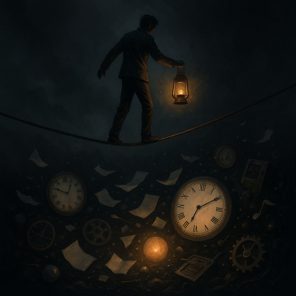 A surreal digital painting of a person walking carefully across a tightrope over a dark void. The figure holds a glowing lantern that casts a warm light. Below, chaotic objects float in the shadows, including clocks, scattered papers, gears, and glowing orbs. The overall mood is tense and precarious, symbolising balance, fragility, and the struggle to manage time and energy.