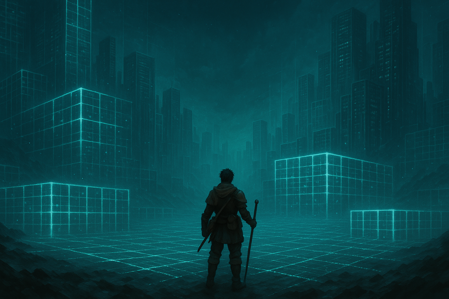 A lone adventurer in a cloak stands on a glowing digital grid, holding a sword and staff. Towering server-like structures and illuminated data cubes stretch into the distance, creating a surreal fusion of fantasy and cybernetic landscape bathed in teal light.