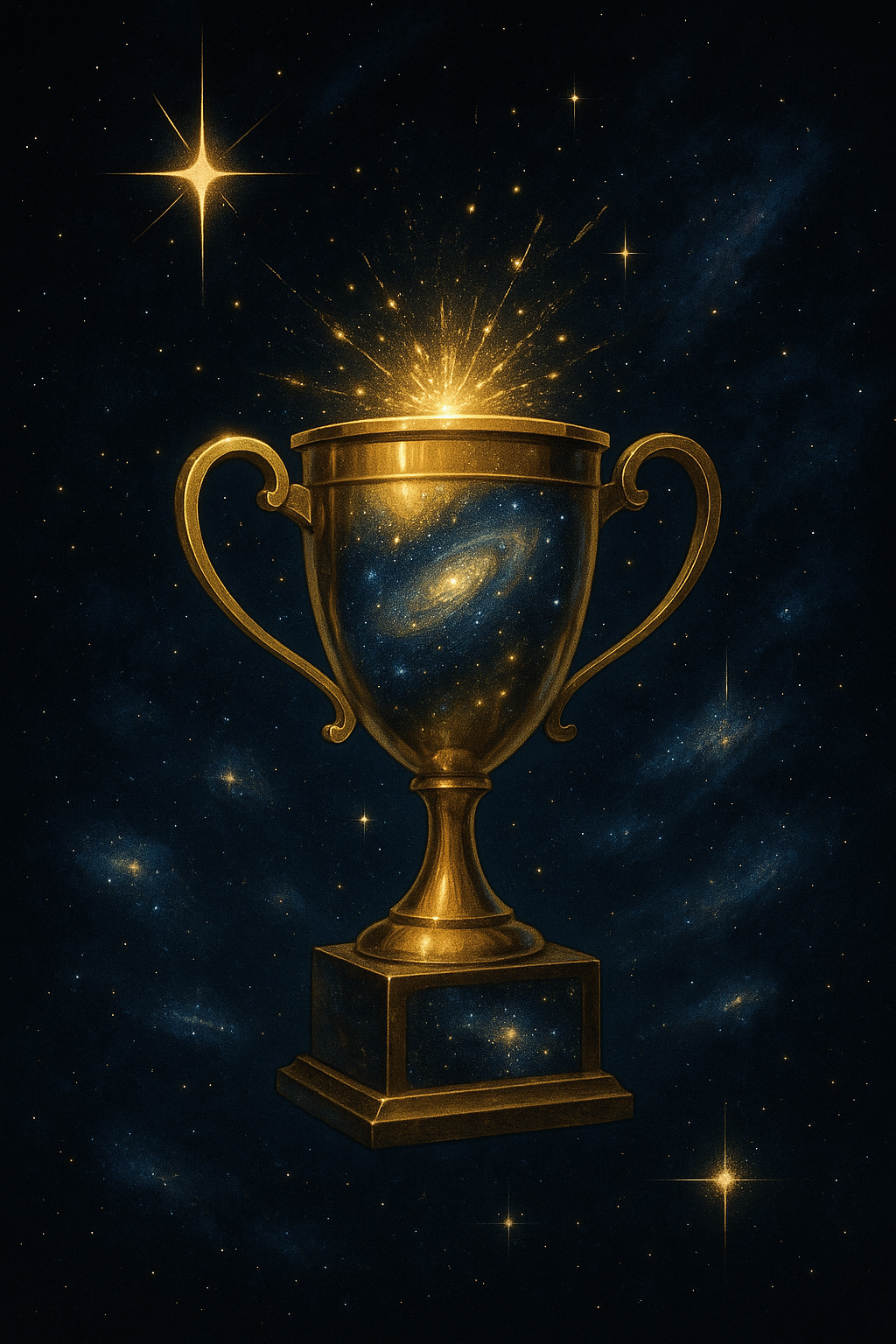 A golden trophy floating in space, glowing with sparks of starlight and reflecting galaxies across its surface.