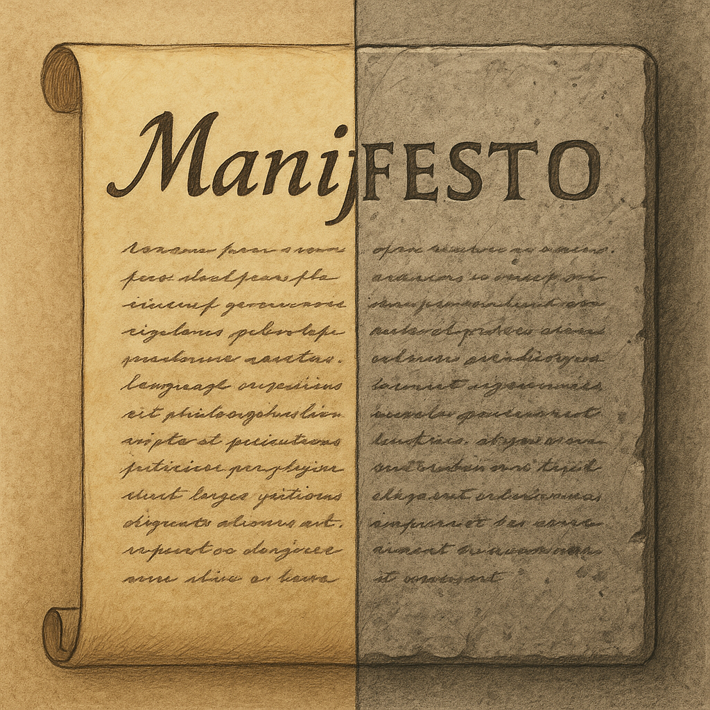 A vertical split illustration showing a parchment scroll on the left and a stone tablet on the right, both bearing the word “Manifesto.” The scroll side is warm and fluid with calligraphic text, while the tablet side is cool and rigid with chiselled letters, symbolising the divide between living conviction and unyielding dogma.