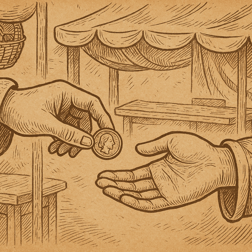 A sepia-toned medieval-style illustration shows two hands exchanging a coin in an old market scene. The detailed linework resembles a woodcut etching, with fabric canopies, wooden stalls, and a woven basket faintly visible in the background, evoking the warmth and sincerity of traditional trade.