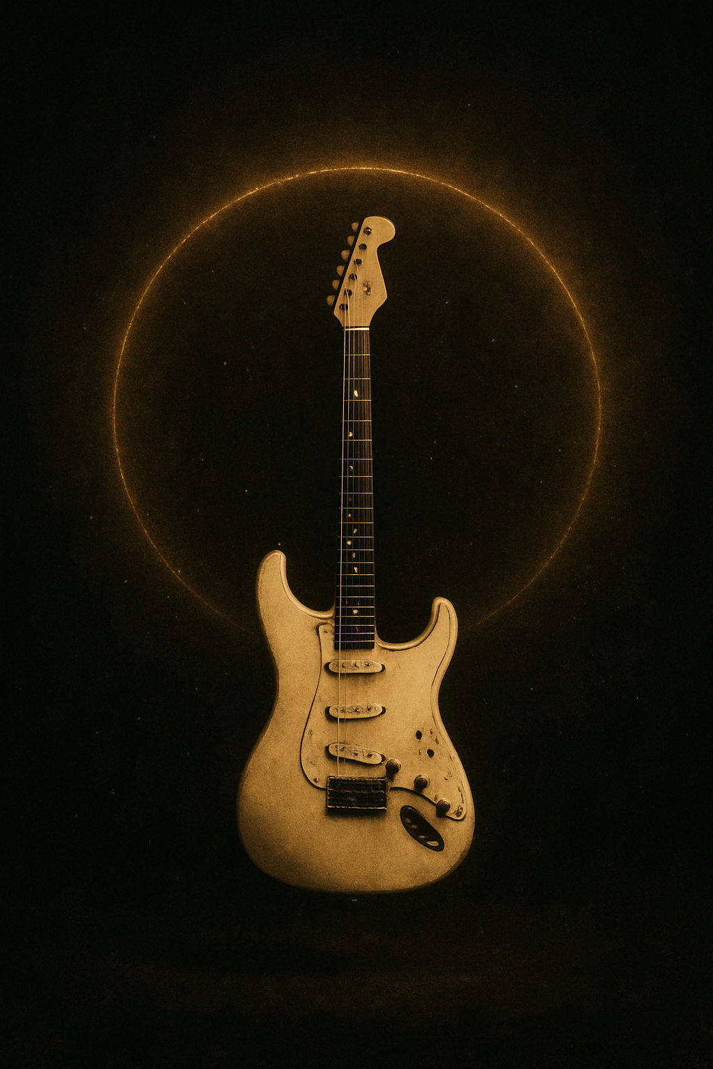 An ethereal white guitar suspended in shadow, encircled by a faint halo of golden light, symbolising the sacred value attached to objects touched by fame.