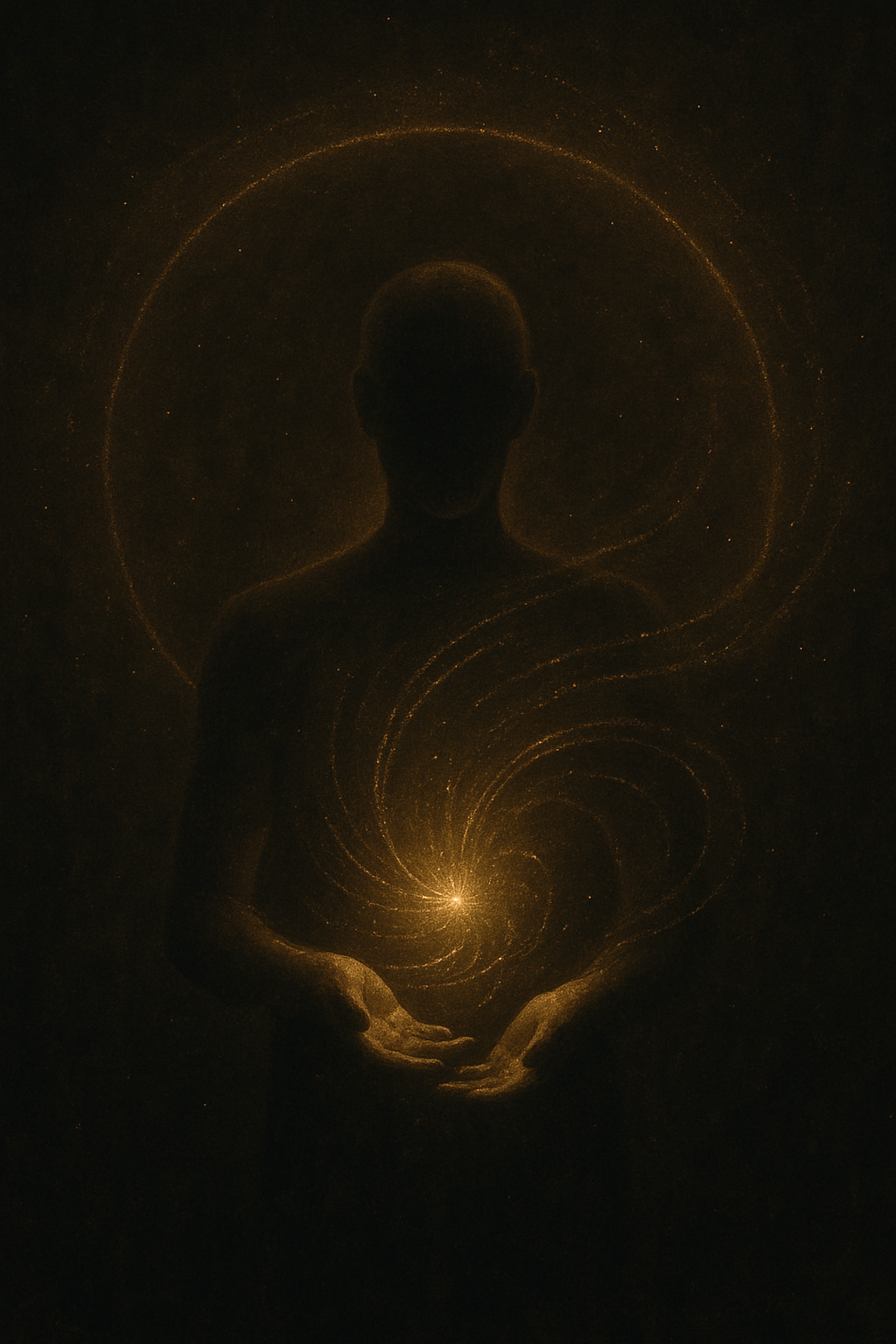 A glowing human figure gathers streams of golden light into their hands, representing attention as a form of currency and creation.