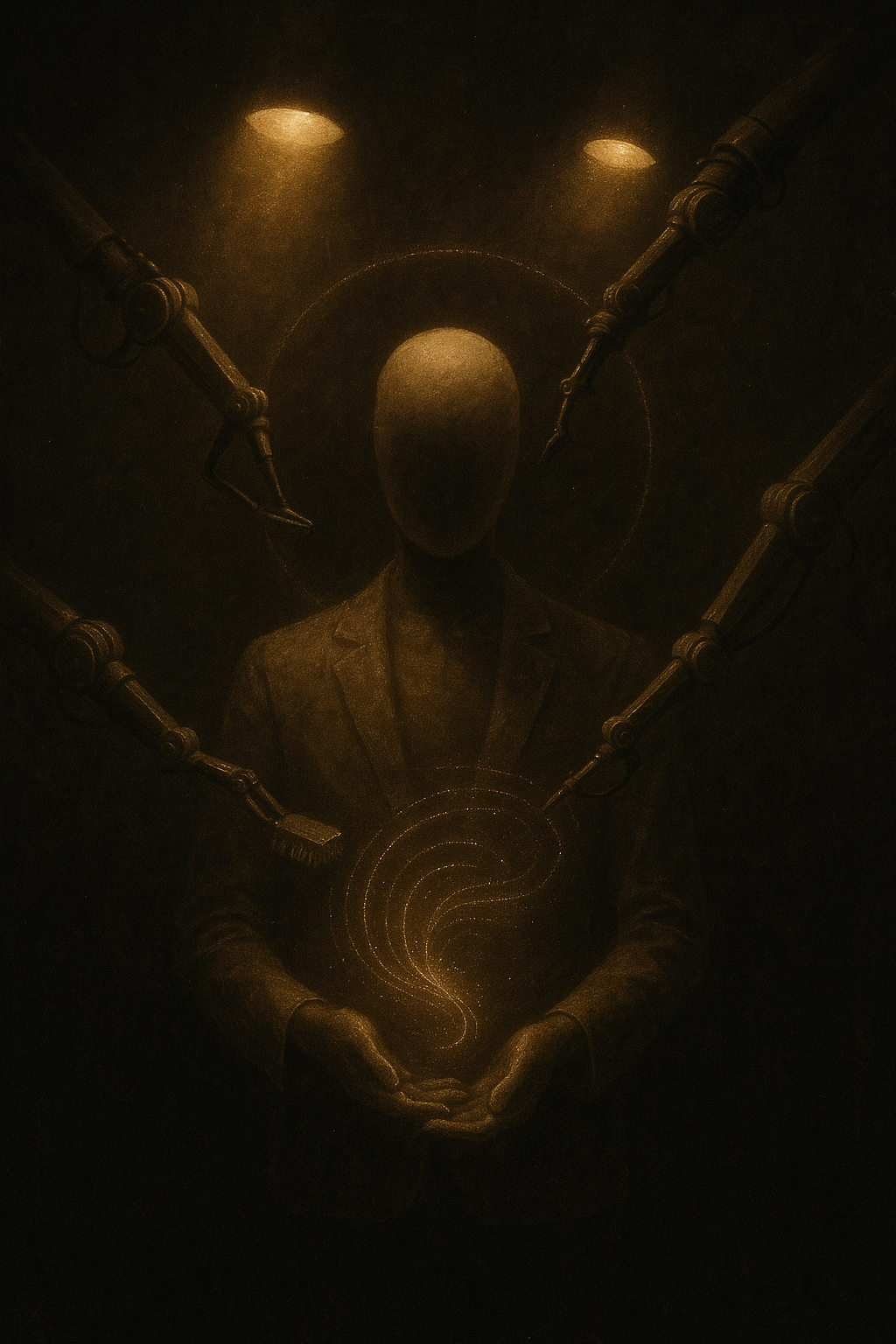 A mannequin under blinding lights is shaped by robotic arms, haloed by a faint circle of gold, illustrating the industrial creation of celebrity.