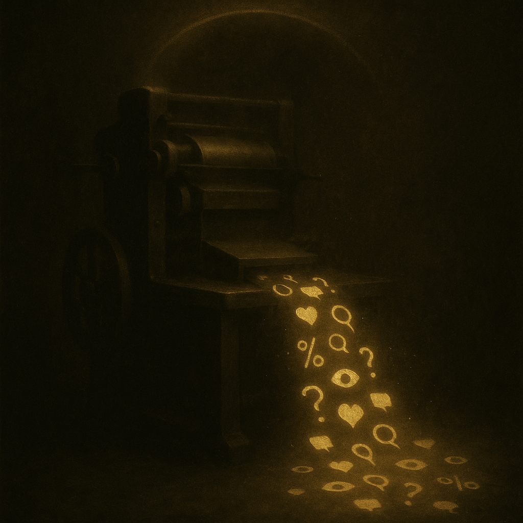 A surreal printing press releases streams of glowing symbols into the dark, representing the mass production of meaning in modern culture.