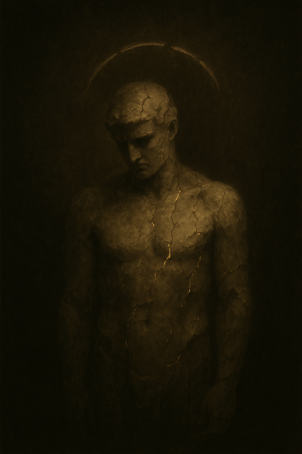 A fractured marble statue glows faintly from its cracks, surrounded by a broken golden ring, symbolising the decay and repurposing of fallen idols.