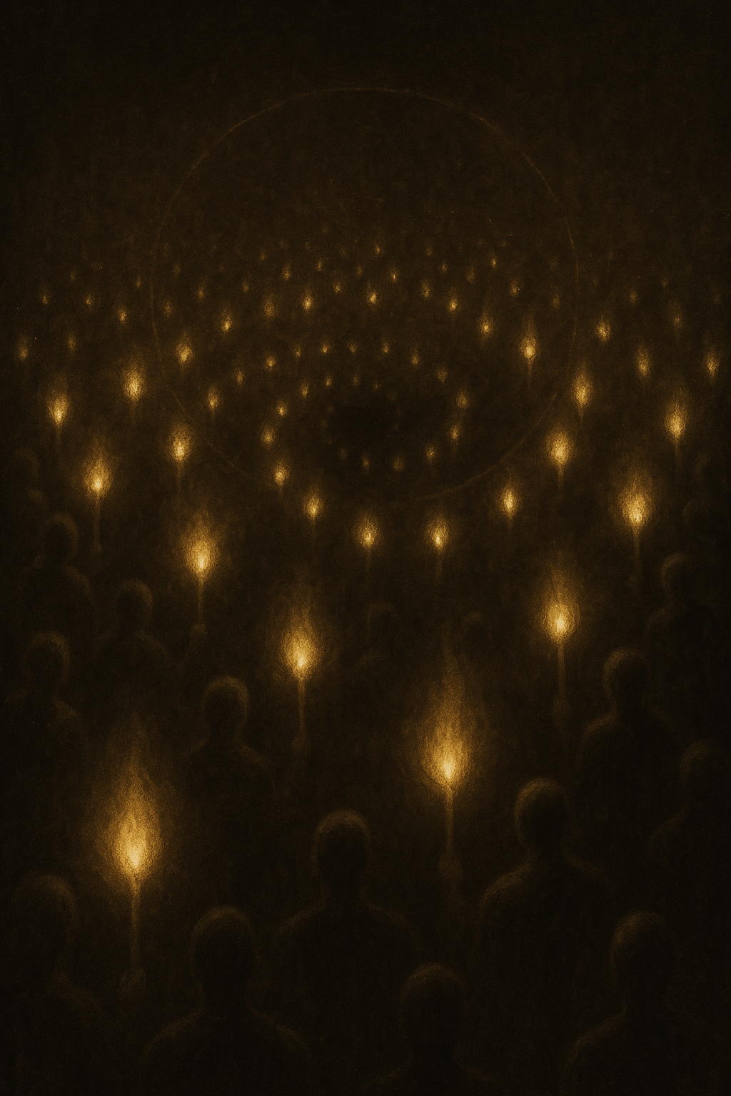 A spiral of torch-bearing silhouettes converges toward darkness, representing collective outrage manipulated by unseen forces.
