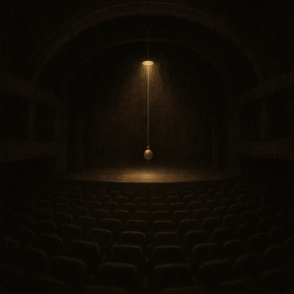 An empty theatre viewed from above, its circular seating resembling an eye as a golden pendulum swings on stage, symbolising collective hypnosis.