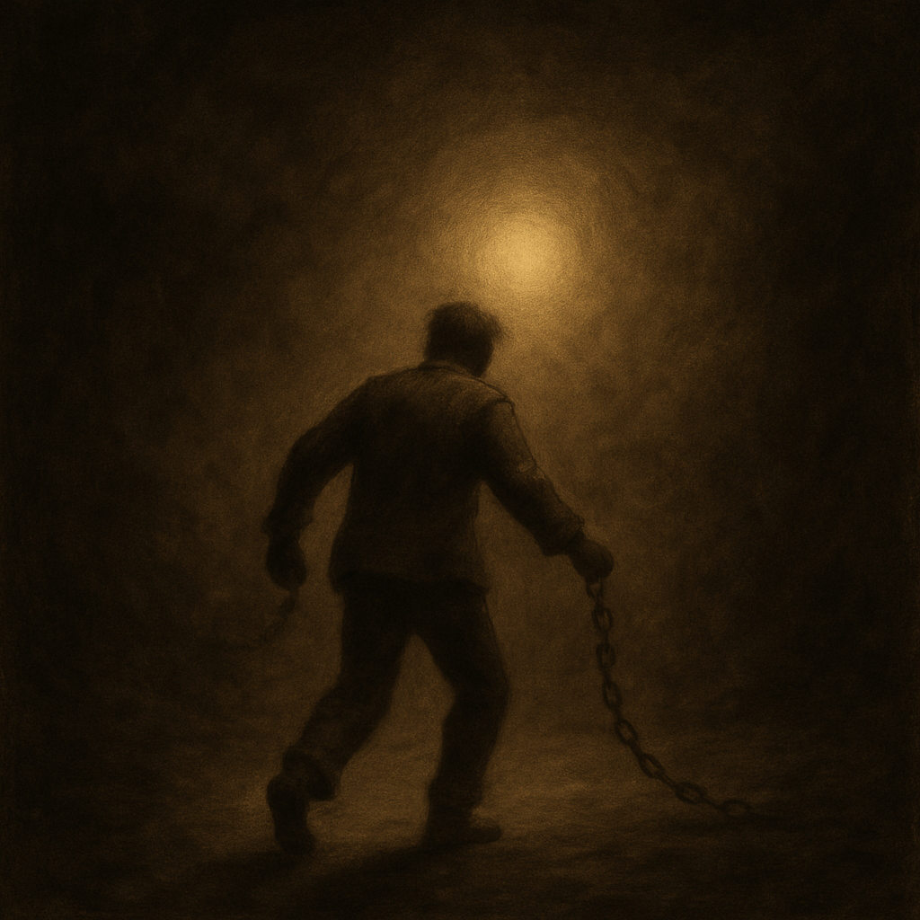 A solitary figure sits in calm meditation as a golden sun-like ring rises behind them, symbolising awareness and liberation from the machine’s trance.