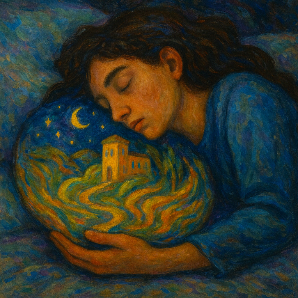 A serene dreamlike painting of a person sleeping peacefully, cradling a glowing orb that contains a miniature world. Inside the orb, a golden building, flowing paths, and a crescent moon float against a starry night sky. The image glows with warm blues and golds, symbolizing creative imagination emerging from rest.