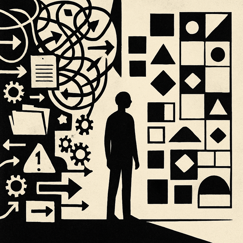 A stylised, monochrome illustration divided into two contrasting halves. On the left side, tangled arrows, gears, warning symbols, files, and scribbled lines represent chaos, bureaucracy, and systemic noise. On the right side, clean geometric shapes—squares, circles, triangles, and orderly patterns—form a structured, harmonious grid. At the centre, a solitary silhouetted figure stands at the threshold between these worlds, facing the orderly side while rooted between both.