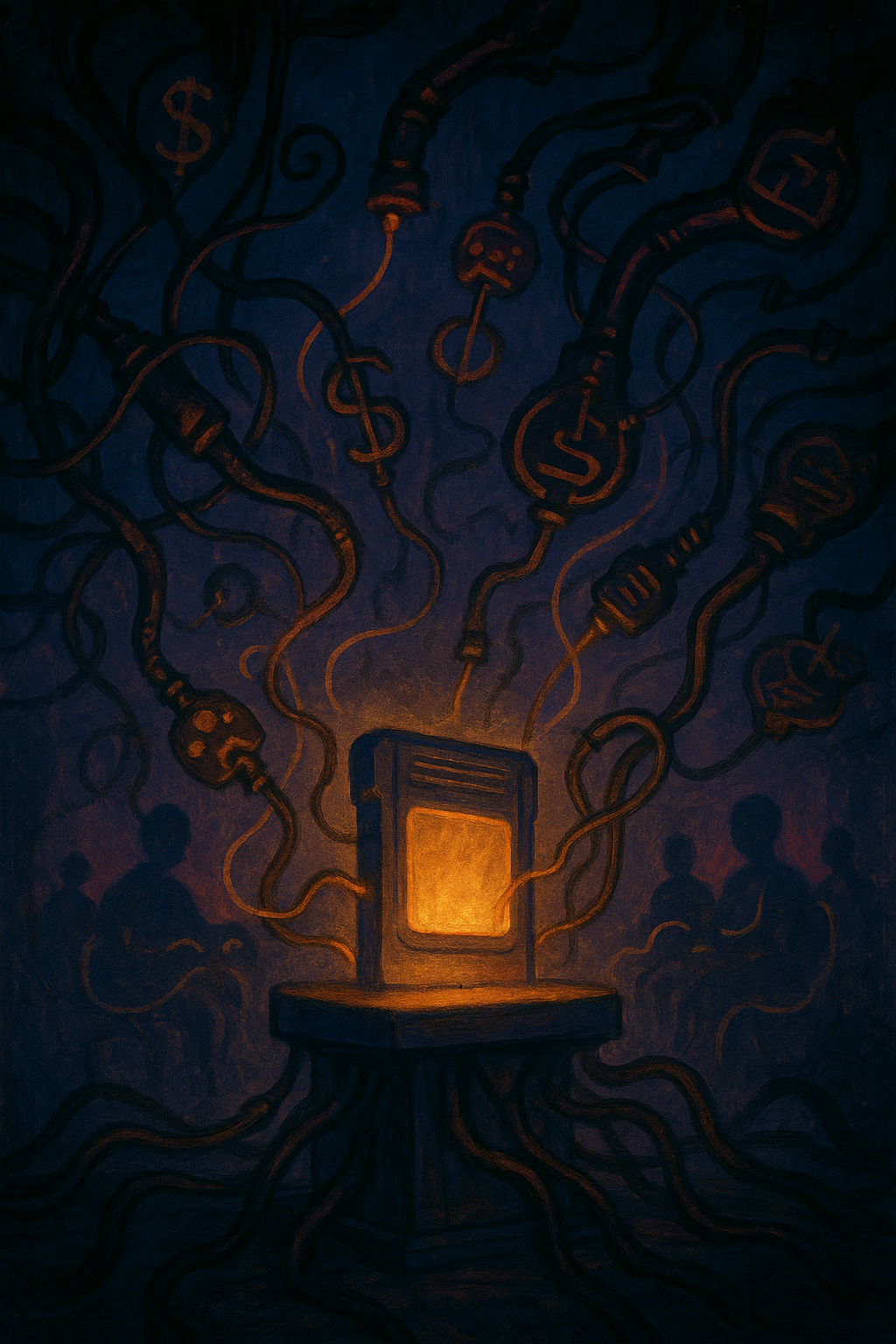 An abstract painting of a glowing old-fashioned game cartridge on a pedestal, surrounded by dark mechanical cables that siphon light from it. The cables form faint dollar symbols and stretch into shadowy figures of players in the distance. The scene glows with melancholy blues and muted golds, symbolising how capitalism drains the soul of gaming while a small core of light still resists.