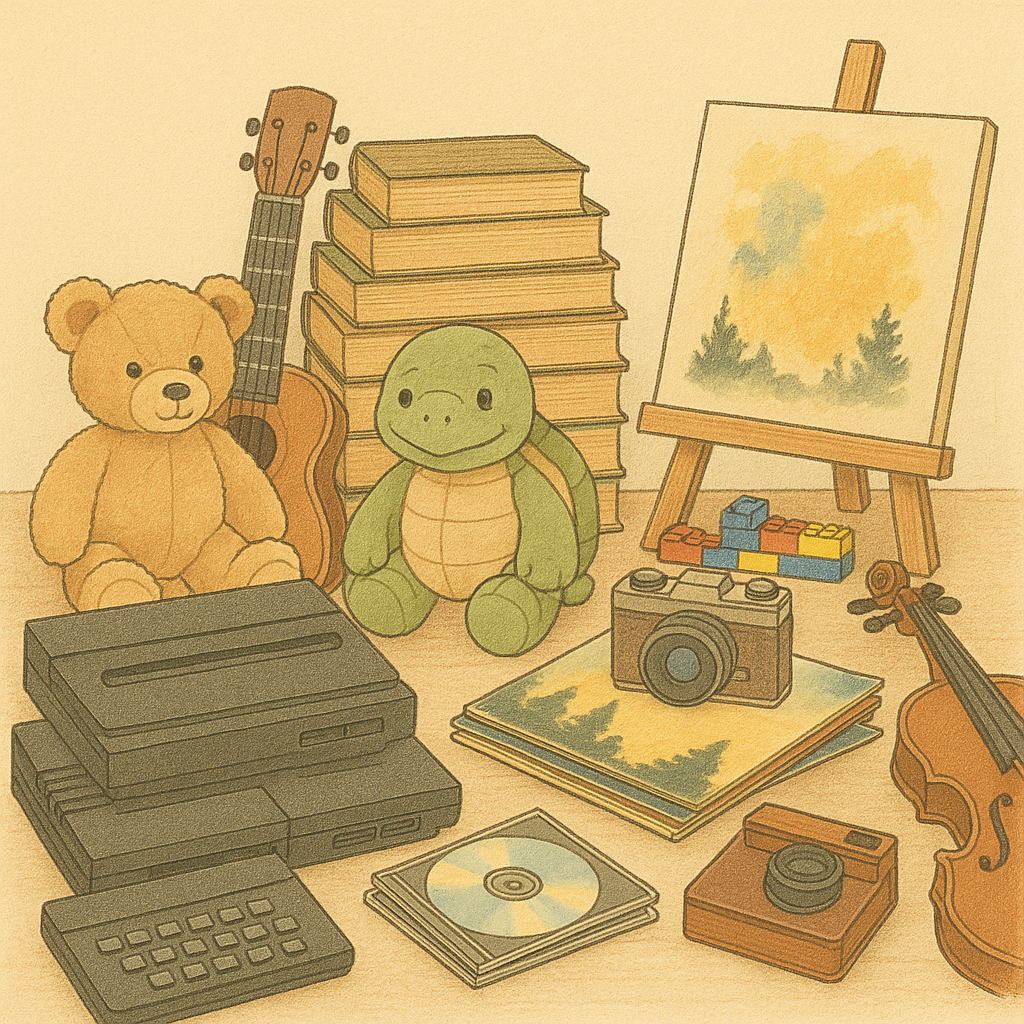 An illustrated scene of nostalgic objects arranged on a wooden table, including a teddy bear, a green turtle plush, stacked books, a small guitar, an easel with a watercolor painting, colorful building blocks, vintage computers, a camera, vinyl records, and a violin. The image has a warm, soft lighting and gentle pencil texture that evokes comfort and sentimental reflection.