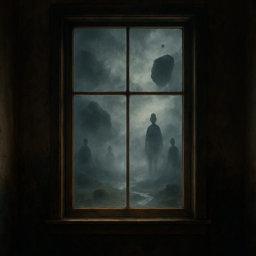 A dark, wooden window frame looks out onto a surreal fog-filled landscape. Mist swirls around several human-like silhouettes standing at different distances, their forms indistinct and ghostly. Large rocks float impossibly in the air above them. The scene feels quiet, dreamlike, and otherworldly, as if the viewer is glimpsing a mysterious world that continues beyond the window.
