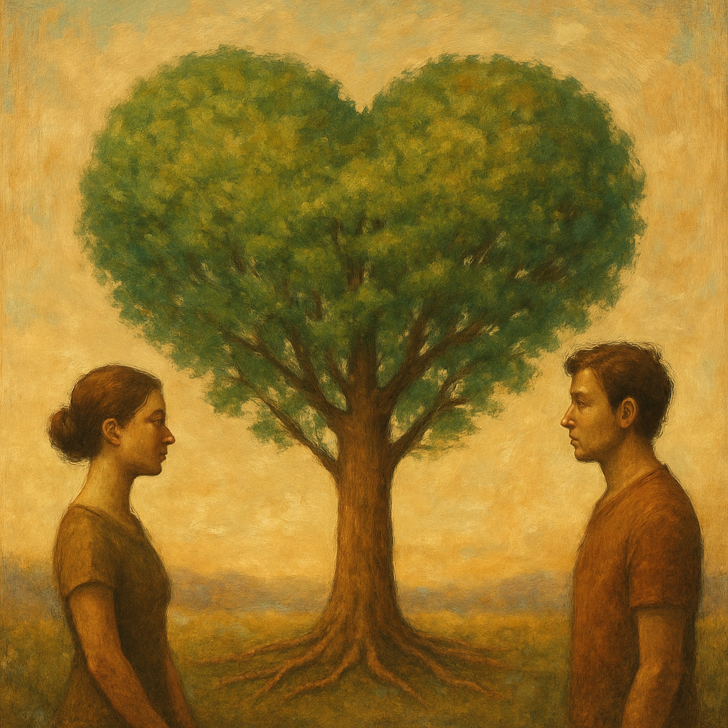 An oil painting showing a man and woman standing on opposite sides of a large tree whose branches form a heart shape. The scene is softly lit with warm, golden tones, symbolizing love, connection, and mutual growth. The roots of the tree spread outward beneath them, suggesting shared grounding and balance.