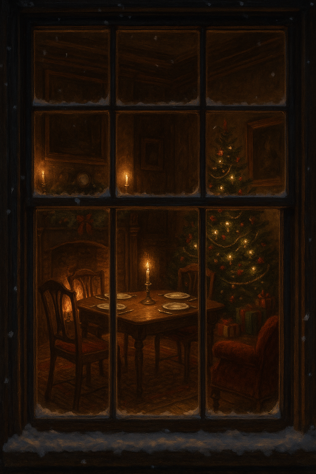 A warmly lit Victorian Christmas interior seen through a frosted window, with a candlelit table and decorated tree prepared for guests who never arrive.
