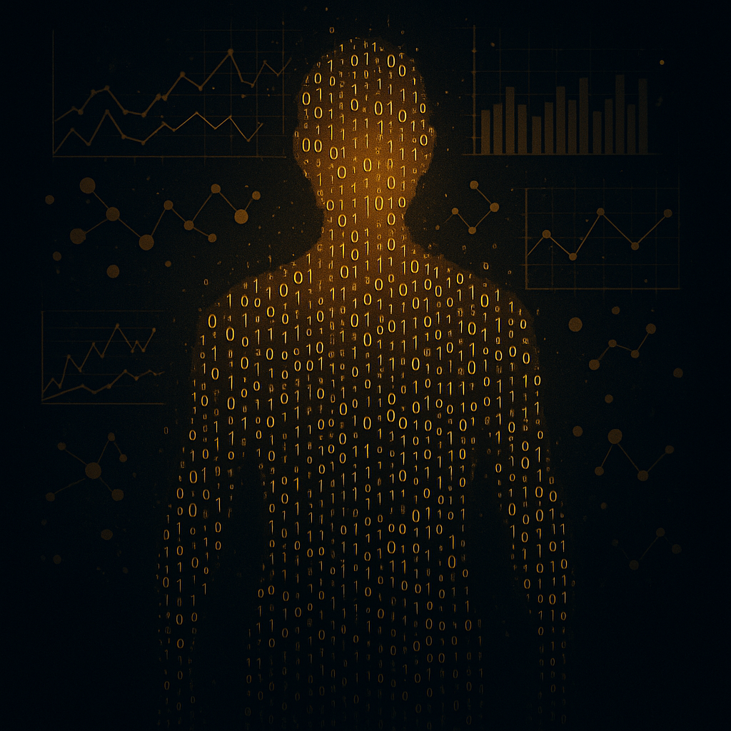 A glowing human silhouette made of binary code stands against a dark background filled with faint charts and data graphs. The figure appears to dissolve into digital numbers, symbolising a person reduced to data.