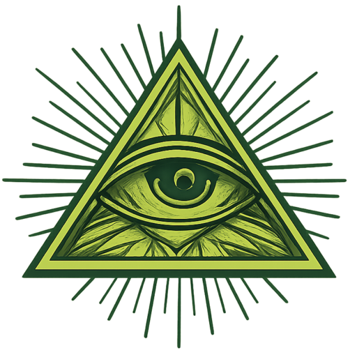 Green all-seeing eye inside a triangle with black linework, radiating light rays.