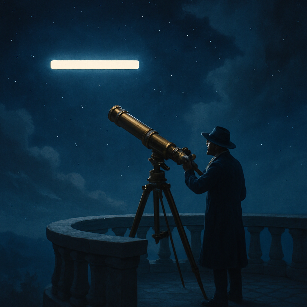 A lone observer stands at an old stone observatory, looking through a telescope at a huge glowing em dash floating in the night sky like a celestial object. The scene is calm, surreal, and dreamlike.