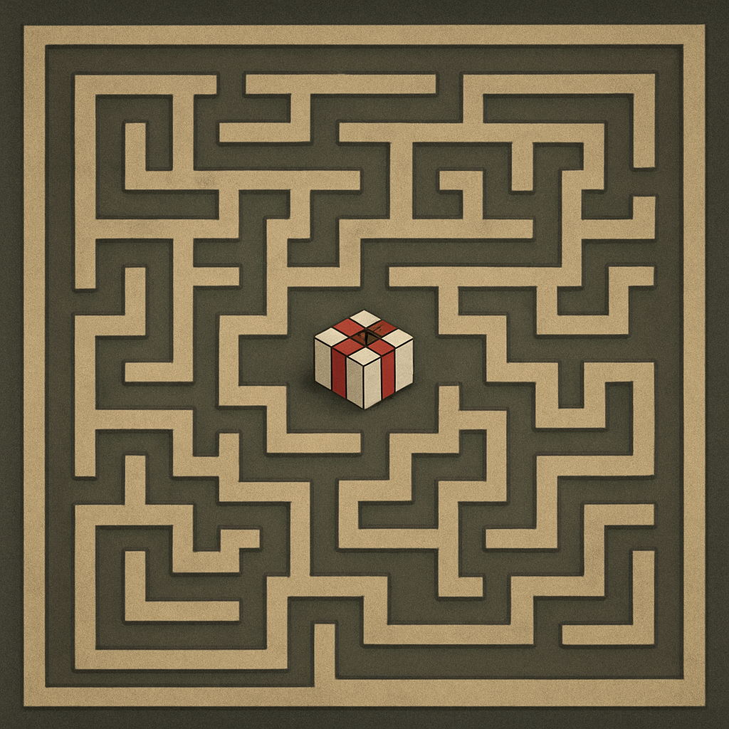 A top-down illustration of a beige maze with thick walls forming a complex pattern of sharp turns and dead ends. The outer border of the image is shaped like the maze’s outer wall. At the centre sits a small wrapped gift with cream-colored sides and a red ribbon, contrasting with the muted tones of the maze.