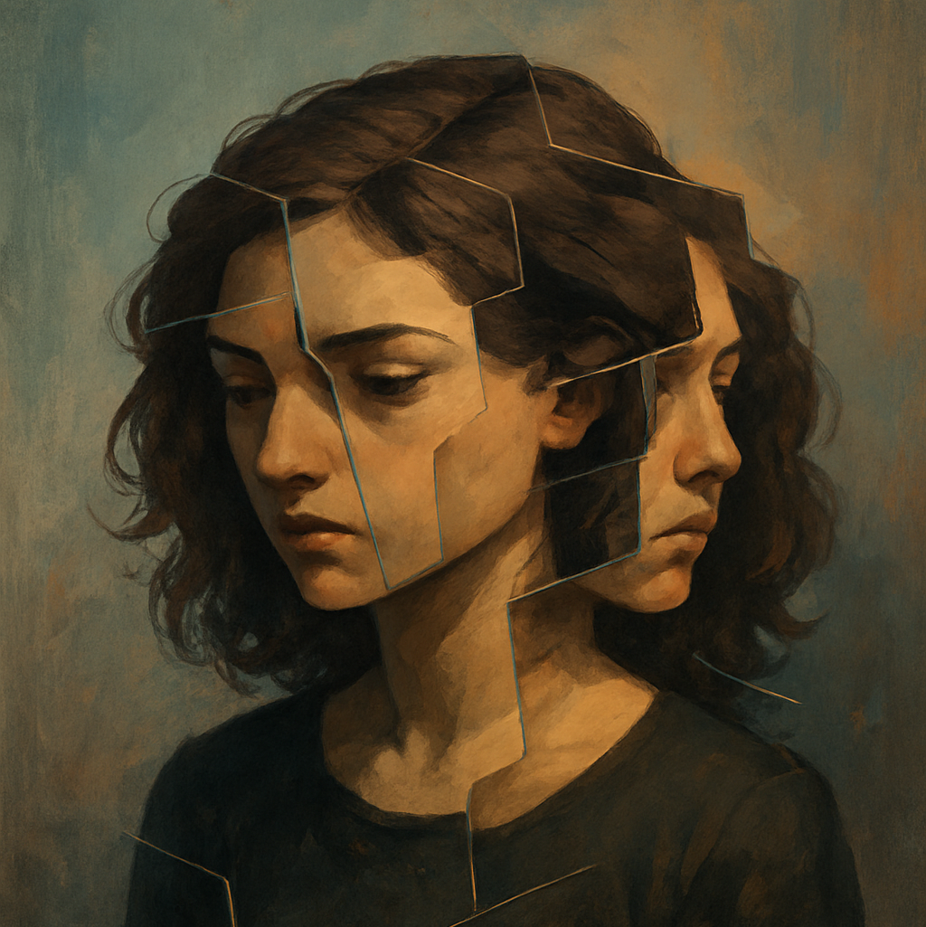 A surreal portrait of a person whose face is split into overlapping fragmented layers. Different expressions and angles of the same face float apart in soft purple and blue tones, creating a fractured sense of identity.