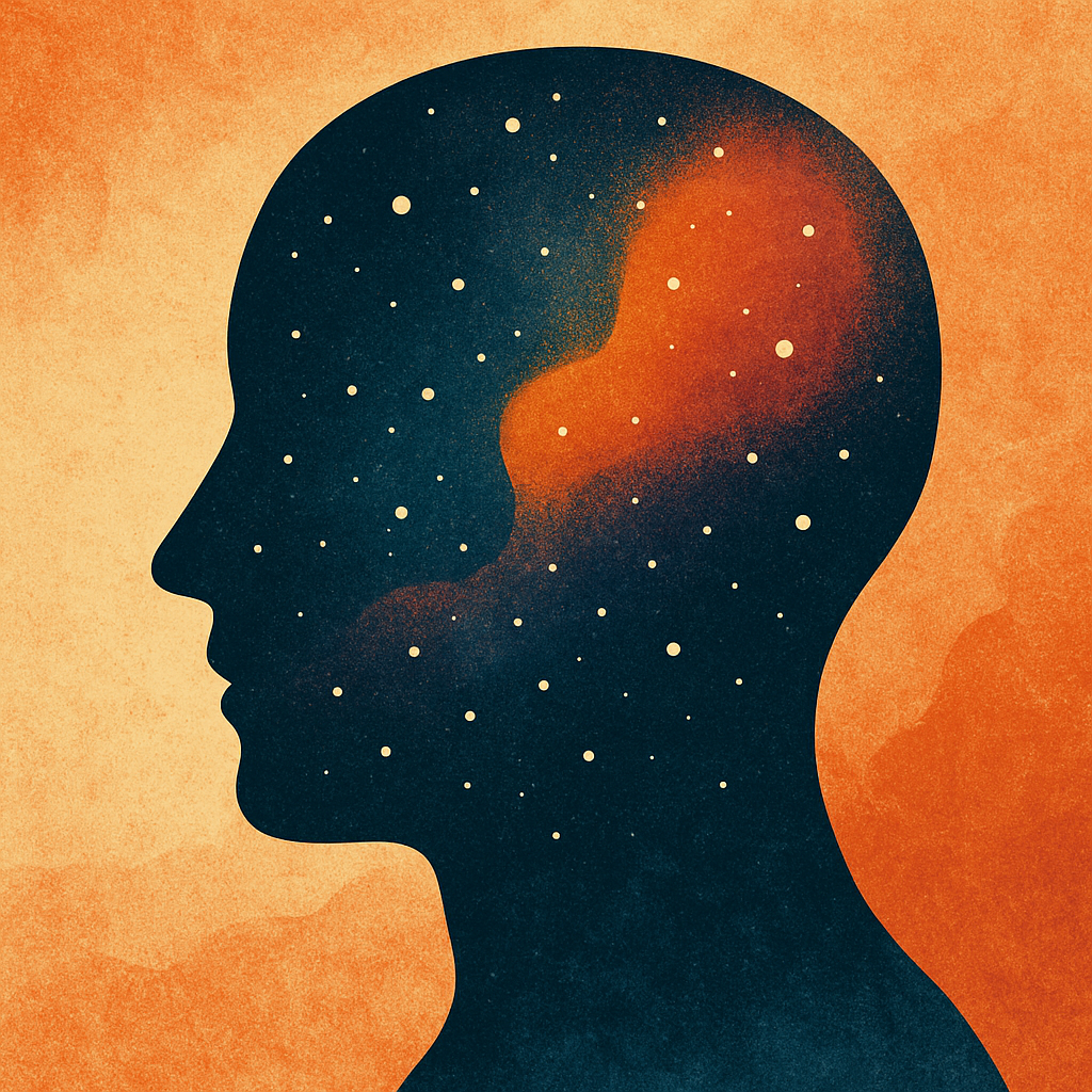 Abstract illustration of a human head silhouette facing left, filled with a star-filled cosmic scene, set against a warm orange textured background.